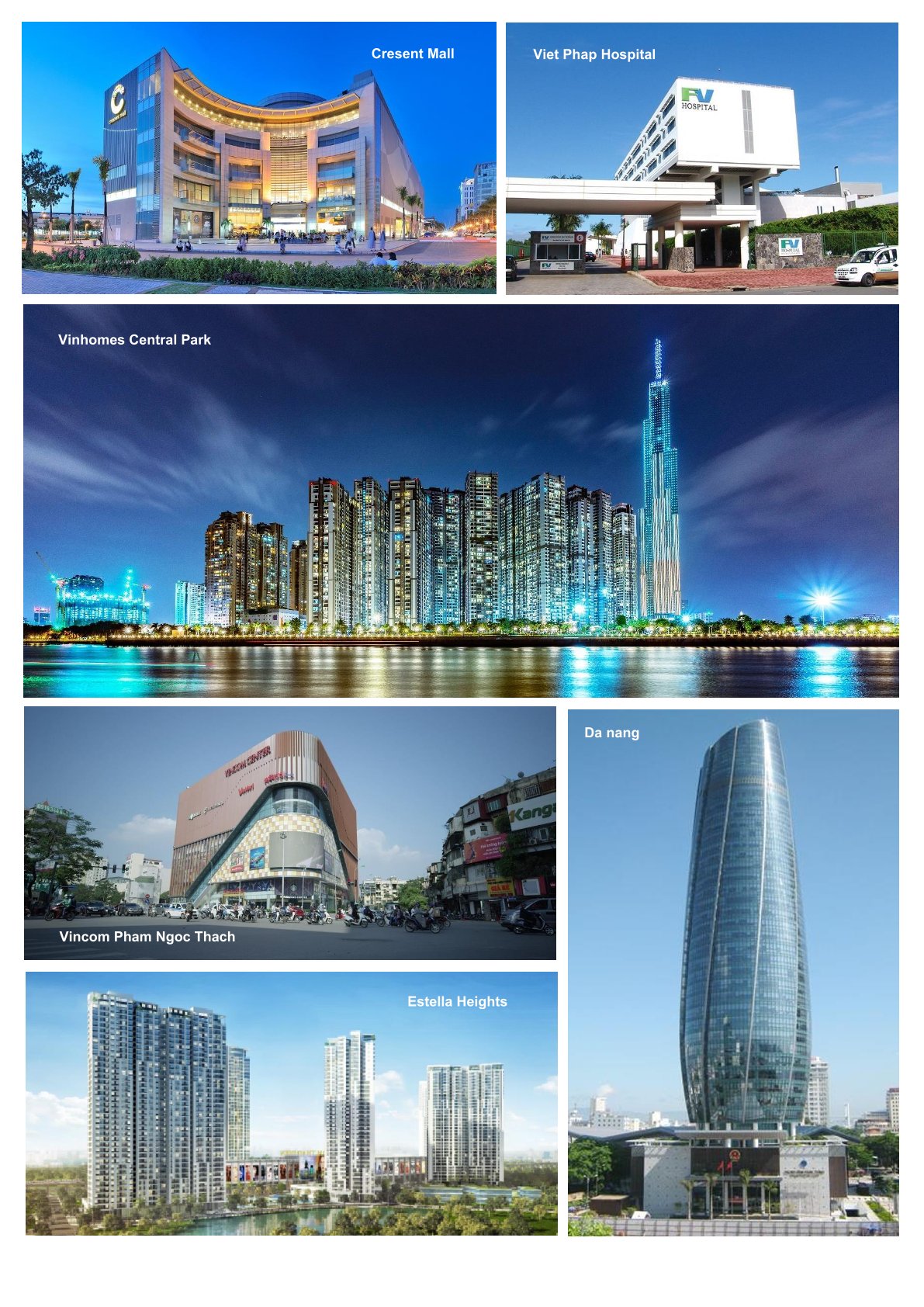 Tổng hợp các tòa nhà nổi bật tại Việt Nam như Crescent Mall, Vinhomes Central Park, Vincom và Estella Heights